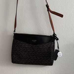 Guess Monogram Black and Tan Crossbody Bag